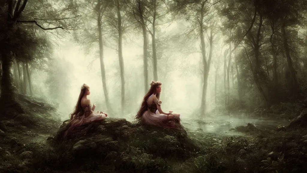 Prompt: elven princess sitting alone in the melancholy forest. andreas achenbach, artgerm, mikko lagerstedt, zack snyder, tokujin yoshioka