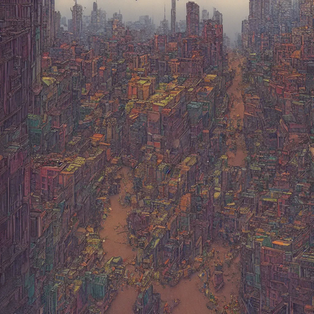 Image similar to desolate dhaka city street in the style of Jean Giraud Moebius, 4K