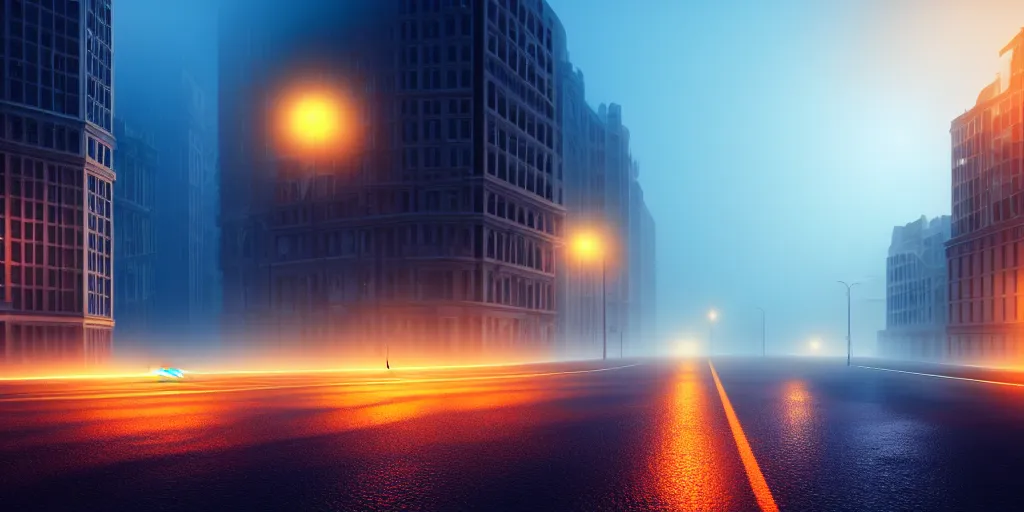 Street, night, fog, car, lights, HD phone wallpaper