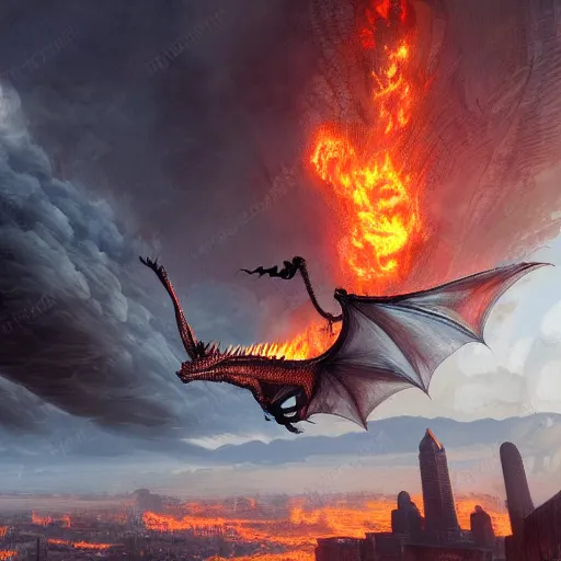 Prompt: dragon flying over a city, fire, lava, smoke, ethereal, matte painting, highly detailed, by eddie mendoza 8 k resolution