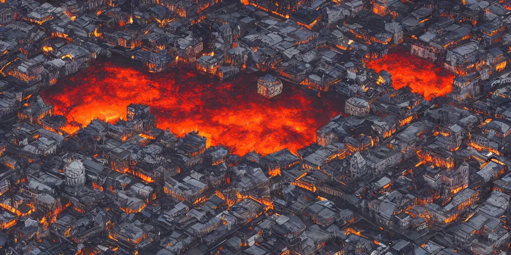 Prompt: A medieval city completely covered in fire, rising smoke, dark fantasy, nighttime, detailed crimson moon, view from above, hyper realistic, trending on artstation