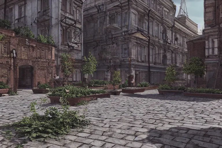 Image similar to a Moscow old courtyard with mud and an old playground between two soviet five-storey panel houses, Brutalism, high details, cinematic, 8k resolution, beautiful detailed, insanely intricate details, artstation trending, octane render, unreal engine