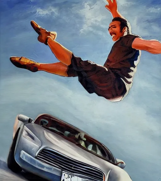 Image similar to high quality high detail painting by alberto mielgo, man jumping over a car, hd