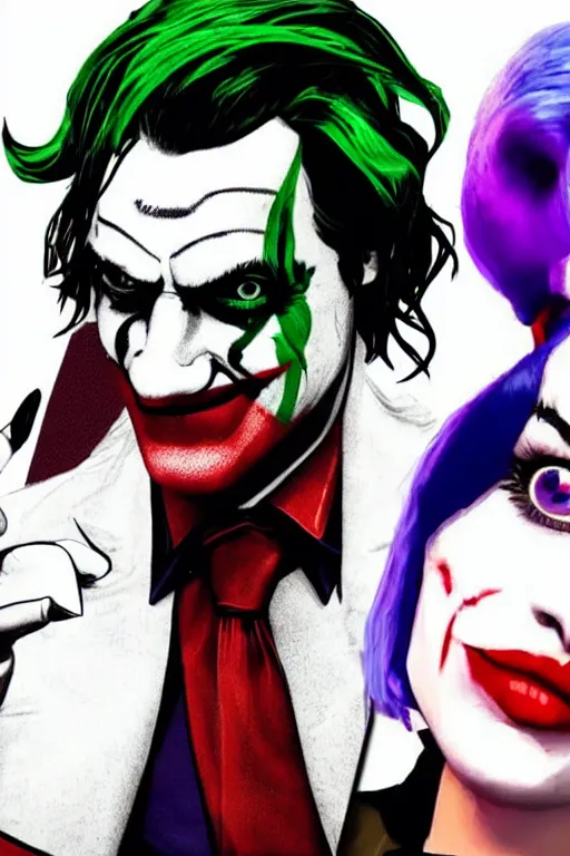 Image similar to joaquin phoenix as joker and lady gaga as harley quinn, fix duplicate content!, fix broken content!, violet polsangi pop art, gta chinatown wars art style, bioshock infinite art style, incrinate, realistic anatomy, hyperrealistic, two colors, white frame, content balance proportion