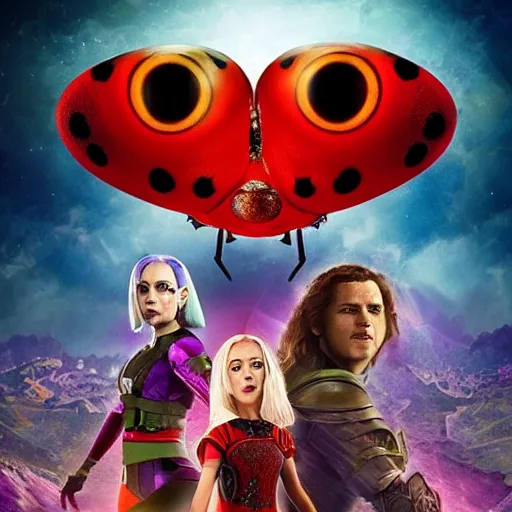 Image similar to promotional movie still, ladybug futuristic ( ( descendants ) ), ladybug quadruped with big rgb eyes, huge ladybug mothership, epic cosmos, dramatic lighting, the fellowship of the ring ( film ) genre. imax, 7 0 mm.