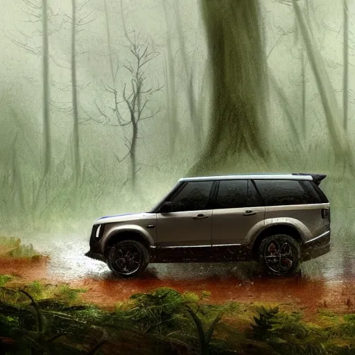 Image similar to a landrover crossing a forest path while its raining, digital art, artstation, photgraphy, highly detailed, digital painting, artstation, concept art, sharp focus, illustration, art by greg rutkowski and artgerm