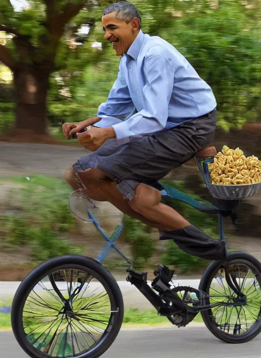 Prompt: Barak Obama riding a bike made of cornflakes with wheels made of watermelons