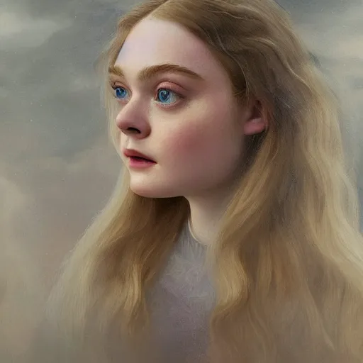 Prompt: professional painting of Elle Fanning in the style of James C. Christensen, head and shoulders portrait, symmetrical facial features, smooth, sharp focus, illustration, intricate, stormy weather, extremely detailed masterpiece,