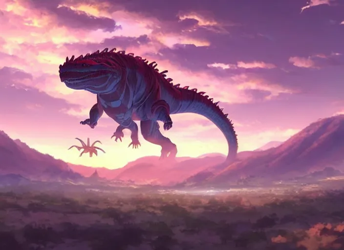 Prompt: a massive kaiju alien creature snake dinosaur features, chinese dragon, flying through the air, sunset, fluffy clouds on the horizon, flying over a dry valley, tall mountains in the back, horror, by makoto shinkai an krenz cushart