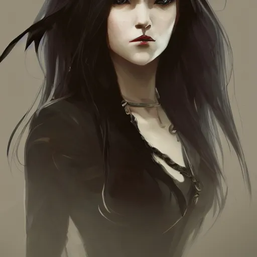 Image similar to female human vampire witch in the style of greg rutkowski, makoto shinkai, trending on artstation, character design, concept art, pretty face, highly detailed, long black hair, portrait, digital art