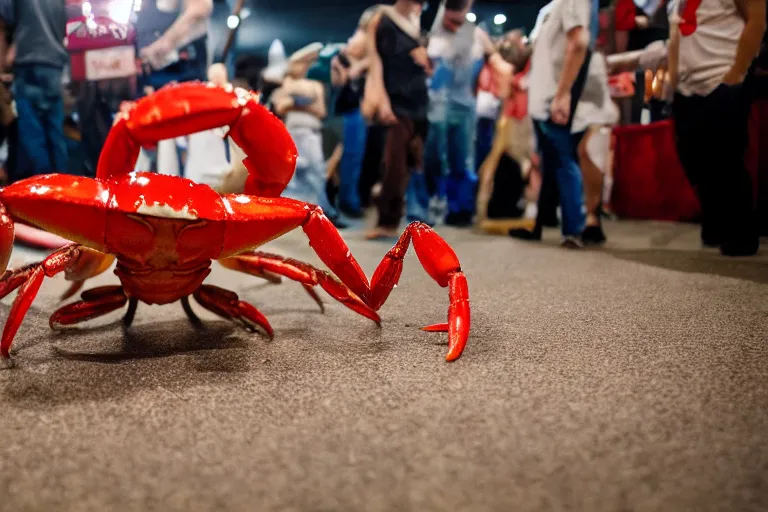 Prompt: cosplayer dressed like a crab, in 2 0 1 8, at a crab convention, royalcore, low - light photograph, photography by tyler mitchell
