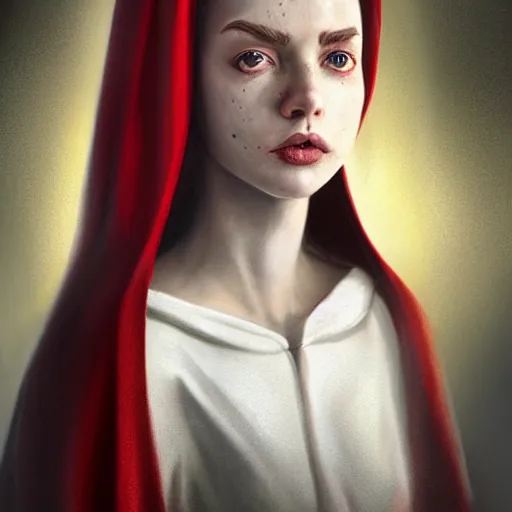 Image similar to epic portrait an woman wearing white blouse with short sleeves and a red cape with a hood on, pretty face, beauty, freckles, glossy skin, bun hair, glowing eyes, digital painting, artstation, concept art, soft light, hdri, smooth, sharp focus, illustration, fantasy, intricate, elegant, highly detailed, D&D, matte painting, in the style of Greg Rutkowski and Alphonse Mucha and artemisia, 8k, highly detailed, jurgens, rutkowski, bouguereau, pastoral, rustic, georgic