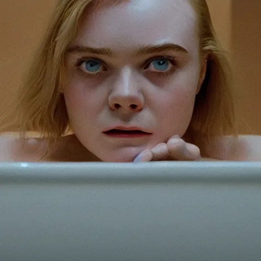 Prompt: Elle Fanning in a tub in the shining in the world of Adam Wyeth, head and shoulders portrait, stormy weather, extremely detailed masterpiece, oil on canvas, low-key neon lighting, artstation, Blade Runner 2049, Roger Deakin’s cinematography, by J. C. Leyendecker and Peter Paul Rubens and Edward Hopper and Michael Sowa,