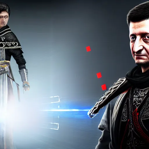 Prompt: Detailed portrait of Volodymyr Zelensky close to reality in 2022, in game style 8k in a detailed costume of an assassin from the computer game assassin, with a saber in which the face of Vladimir Putin is reflected on a white background,