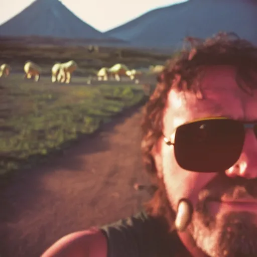 Image similar to caveman taking a selfie in front of a volcano with dinosaurs in the background, 3 5 mm film