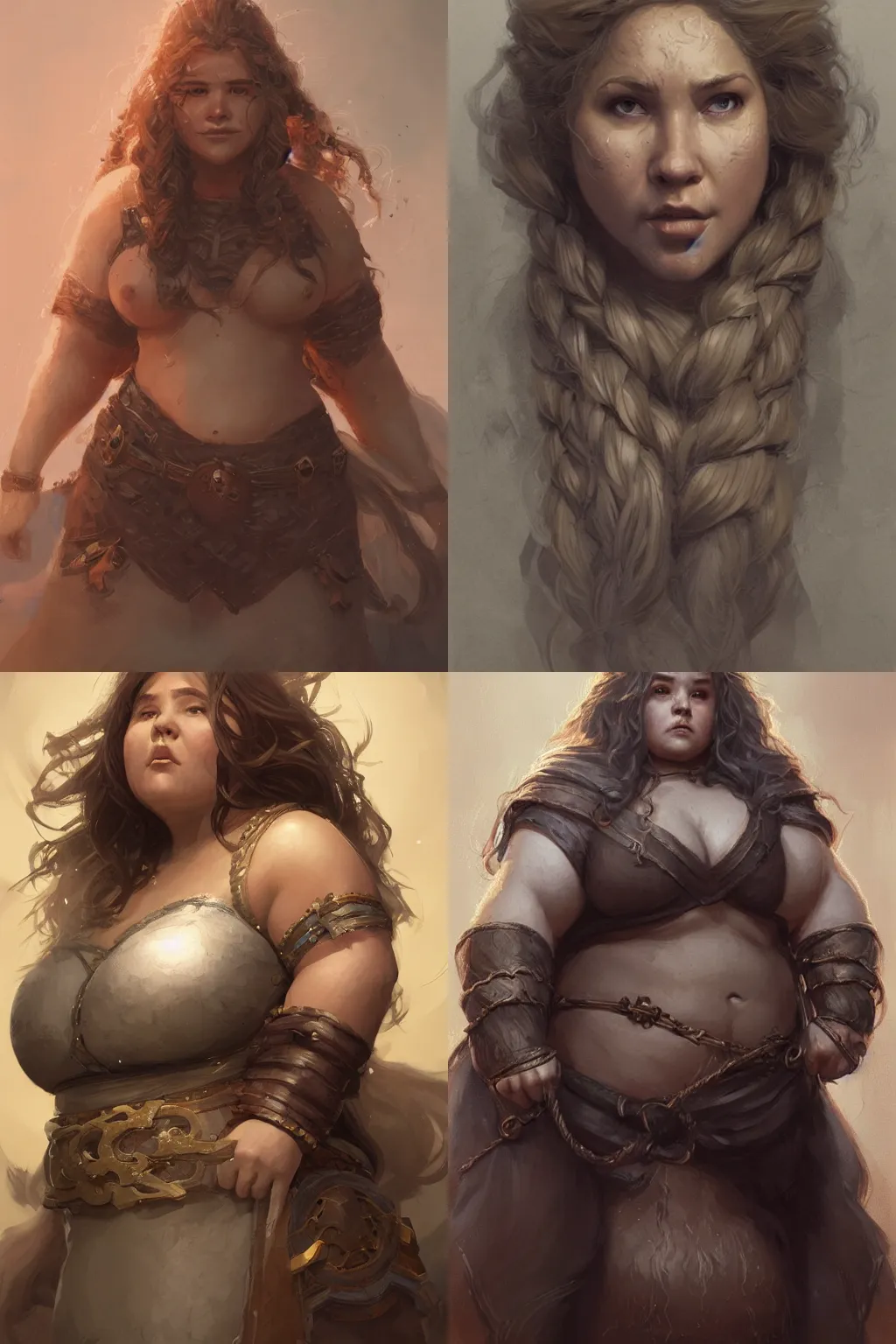 Prompt: chubby female dwarven woman | long curly braided blonde hair | big nose | beautiful plump body | intricate, highly detailed, digital painting, artstation, concept art, dungeons and dragons , art by greg rutkowski and giotto