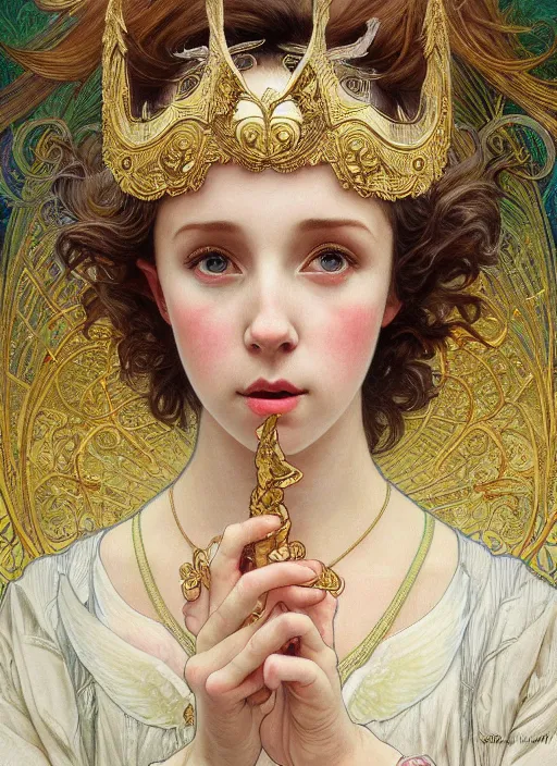 Prompt: realistic detailed painting of a 1 6 - year old girl who resembles millie bobby brown, mouth open, as an angel with a golden halo and white, feathered wings, wearing intricate, detailed art nouveau armor and silk, by alphonse mucha, ayami kojima amano, charlie bowater, karol bak, greg hildebrandt