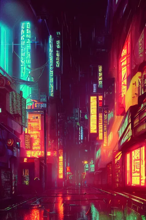 Image similar to street view of a cyberpunk alley, in the style of Blade Runner, rainy weather, neon lighting, vaporwave, retro wave, synthwave, highly detailed, digital painting, concept art, illustration, artstation, Roger Deakin's cinematography, Liam Wong, photo-realistic, 8k