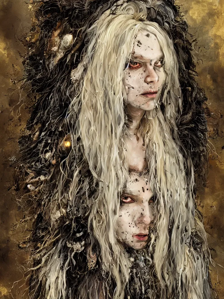 Image similar to splatterpunk portrait of an old witch with cream coloured hair wearing a heavy dark feathered and fur lined cloak in a cloistered woodland, James Gleeson inspired, golden accents, face, fantasy, intricate, highly detailed, digital painting, artstation, concept art, smooth, sharp focus, illustration, art by Wei Fan and Fernanda Suarez and Artem Demura and alphonse mucha