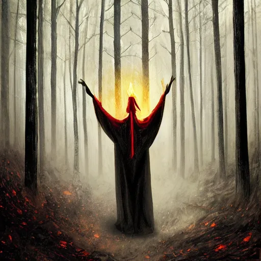 Image similar to ominous bedsheet ghost standing in a forest on fire, zoomed out perspective, oil painting, brush strokes, gloomy foggy atmosphere, symmetrical, full body image, highly ornate intricate details,