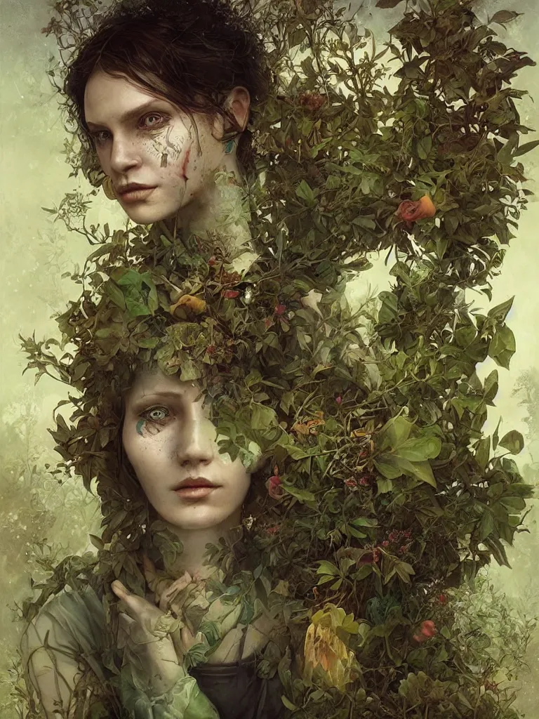 Image similar to a solarpunk portrait of a gorgeous gardener with a dirt-smeared face, award-winning, masterpiece, in the style of Tom Bagshaw, Cedric Peyravernay, Peter Mohrbacher