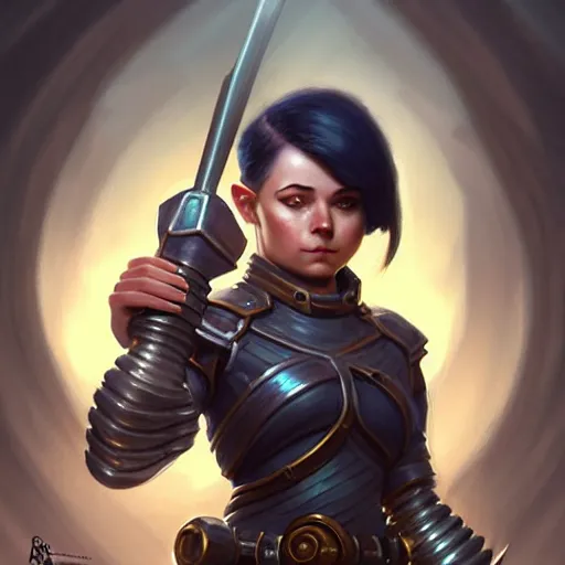 Prompt: muscular female gnome engineer artificer, metal gauntlet, short black hair, naval background, full body portrait, d & d, fantasy, intricate, elegant, highly detailed, digital painting, artstation, centred, rule of thirds, concept art, matte, sharp focus, illustration, cover by artgerm, art by greg rutkowski