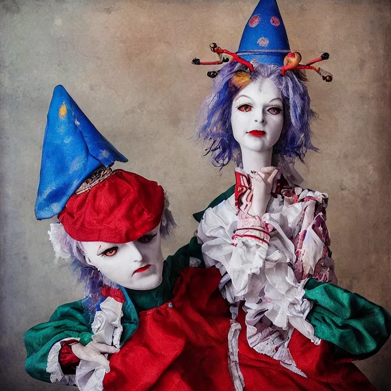 Image similar to “portrait of Hisoka Morow doll like jester as a medieval jester, studio lighting hyperreal photograph royal painting”