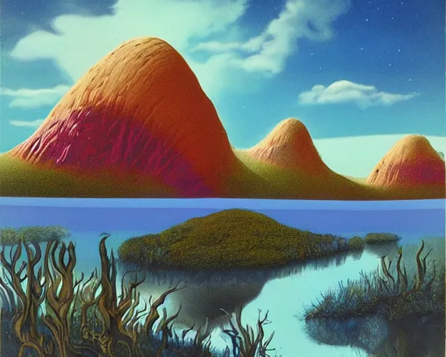 Image similar to roger dean 1 9 8 0 s art of distant mountains strange bizarre alien planet surface lakes reflective clear blue water, rainbow in sky, imagery, illustration art, album art