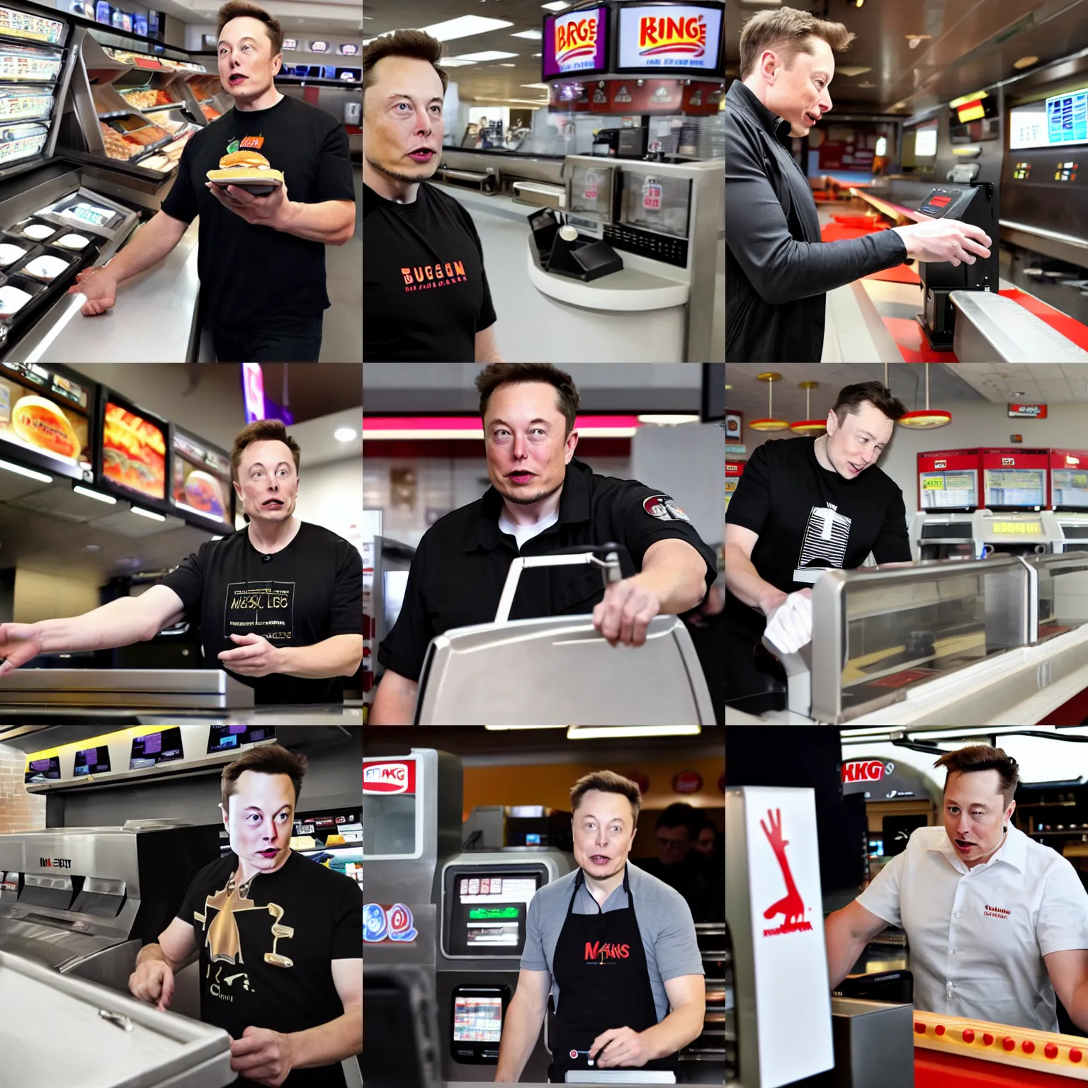 Prompt: elon musk working the register at burger king