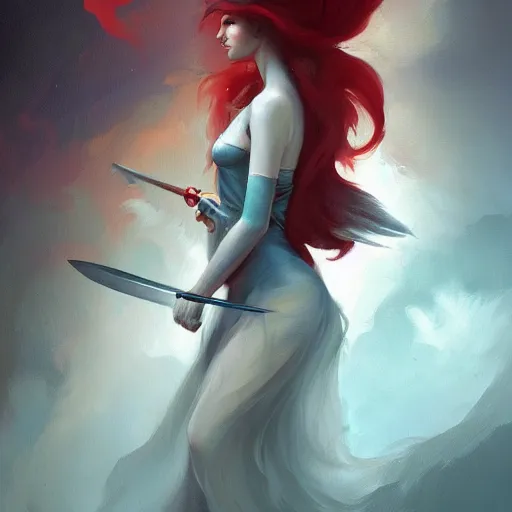 Prompt: a painting of a woman holding a sword, a digital painting by peter mohrbacher, trending on artstation, metaphysical painting, speedpainting, made of feathers, digital painting, painting made of feathers mist and cloud, the woman made of curly silk with red edges