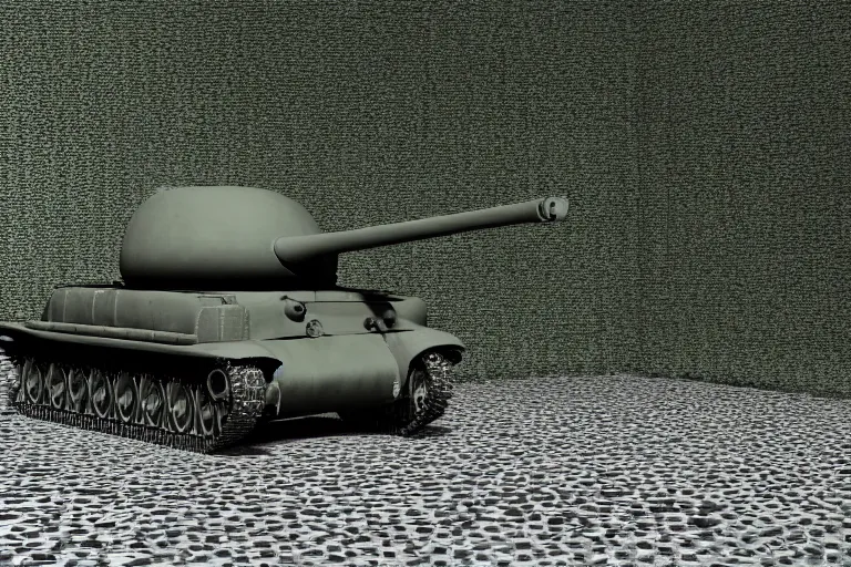 Prompt: 3d render of amrican 1944 tank M4 Sherman angled front plate cast turret hidden in bush camo netting dark gritty photo ((((grunge)))) barrel peaking out of the bush ((((((green grey color palette) cinematic ((((((Fury 2014 film)))))) detailed european forest Belgium summer overcast cloudy day