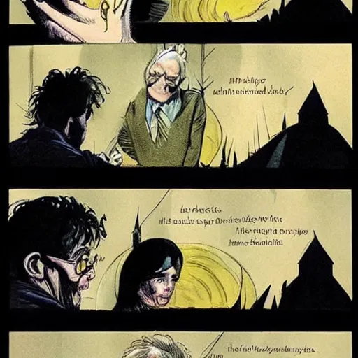 Image similar to in one frame Harry Potter talking to the Sandman in The Sandman comic, by Neil Gaiman, by Dave McKean, comics Sandman, small details, whole-length, clear faces, high detail