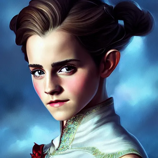 Image similar to a movie still frame, of emma watson as a female elf, oil on linen, beautiful painting, by tooth wu, artgerm, fantasy concept art portrait, by bayard wu,