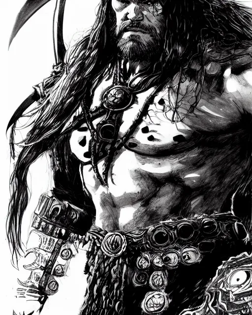 Prompt: portrait of conan the barbarian, concept art, sumi - e style, intricate linework, artstation, trending, highly detailed, smooth, focus, art by yoji shinkawa