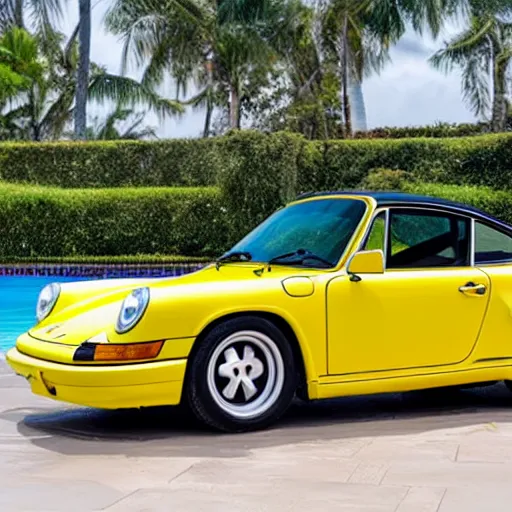 Prompt: a yellow porsche 9 1 1 in a palm beach swimming pool