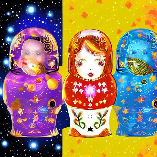 Prompt: Russian Dolls amongst the stars, galaxies and nebulae, digital art style