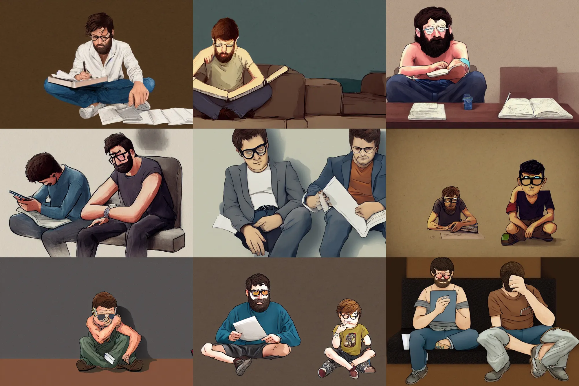 Prompt: hangover man sitting with notebook. sad kid staying at right of the man. high detail, trending on artstation