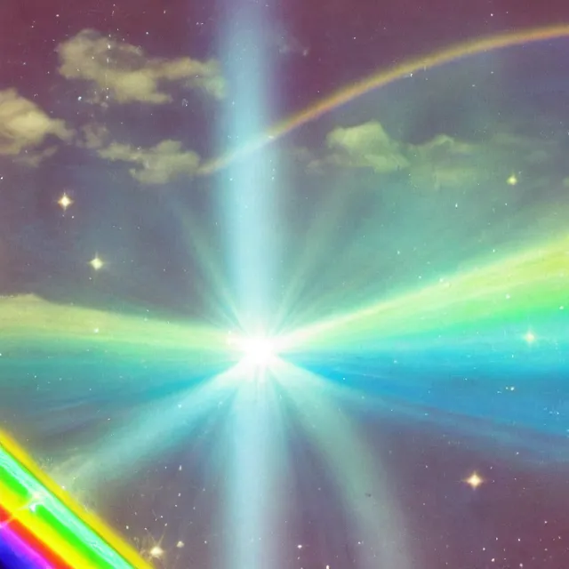 Prompt: rainbow beam of shiny light in space, vintage