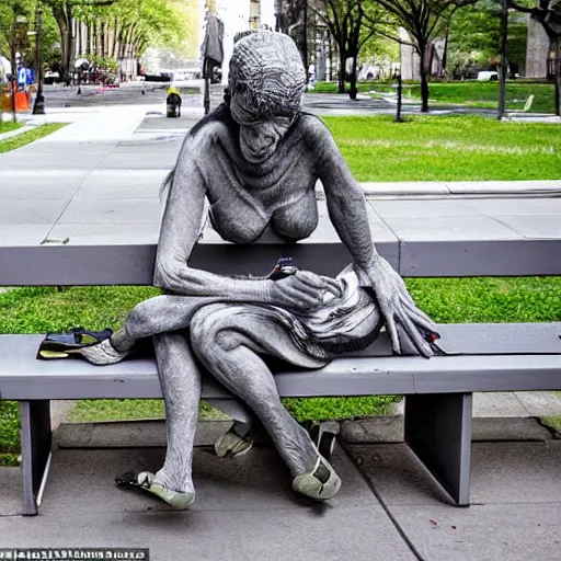 Image similar to by jimmy ernst mild ionic architecture. a body art of a blind woman sitting on a bench in a park in new york city