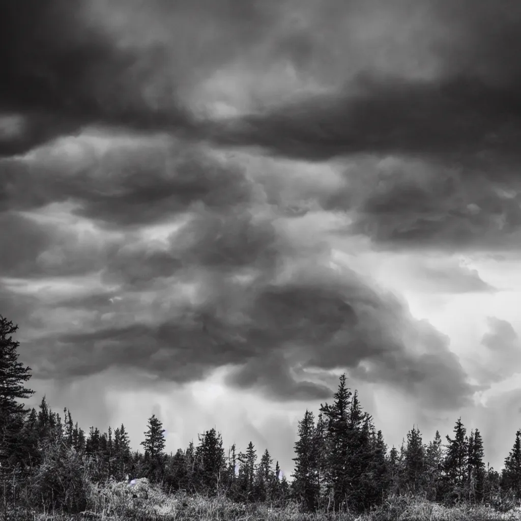 Image similar to god of thunder in the middle of a huge dark electric storm cloud above dark spruce forest, black metal aesthetics, dark atmosphere, black and white photo