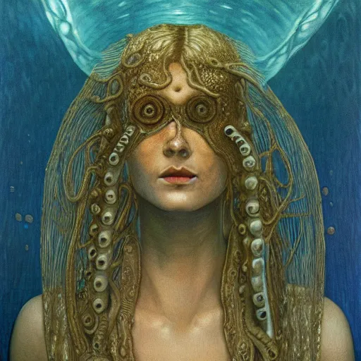 Image similar to eyes, tentacle-enabled underwater human descendant, futuristic painting by jim burns, edward burne-jones, dagon, hd 8k