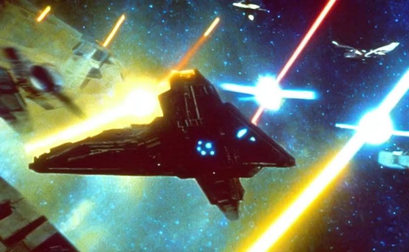 Image similar to iconic cinematic screen shot of scene x wing space battle against new tie fighter desing, from the action packed scene from the 1 9 7 0 s star wars sci fi film by stanley kubrick, glowing lasers, kodak film stock, anamorphic lenses 2 4 mm, lens flare, iconic cinematography, award winning