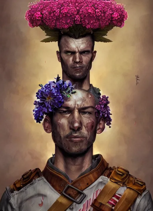 Prompt: handmade character portrait of an angry american soldier man, explosion of flowers, amaratyllis, hydrangea, chrysanthemum and hyacinth, in the style of artgerm and enki bilal and bastien lecouffe - deharme, wlop, line art, watercolor, cinematic lighting, hyperdetailed, hyperrealistic