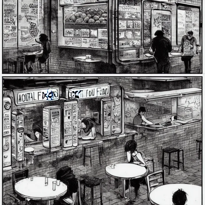 Image similar to poor quality food, water, and gruel : on a table. inside a dirty automated kiosk. bright tasty food options displayed on a wall. black tiles on walls. black and white, pencil and ink. by gabriel hardman, joe alves, chris bonura. cinematic atmosphere, detailed and intricate, perfect anatomy