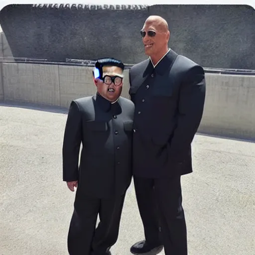 Image similar to dwayne the rock johnson and kim jong - un, selfie, phone photo,