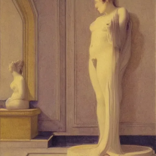 Image similar to a goddess in a liminal room, film still by canova, limited color palette, very intricate, art nouveau, highly detailed, lights by hopper, soft pastel colors, minimalist