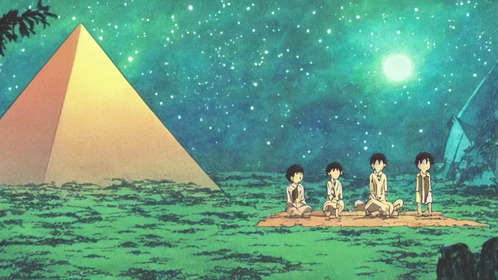 Image similar to a movie still from a studio ghibli film showing a glowing pyramid in the rainforest. a group of giant aliens meditate outside on a misty and starry night. by studio ghibli