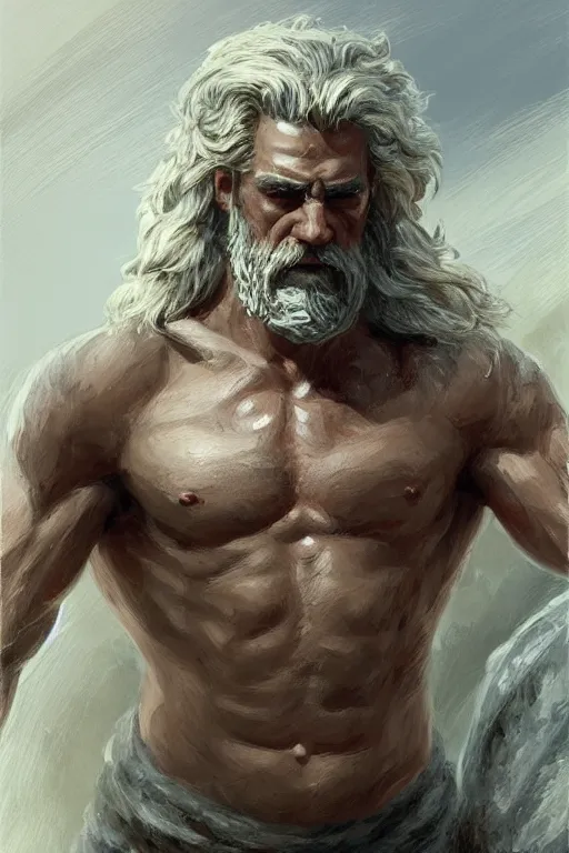 Image similar to painted portrait of rugged zeus, god of thunder, greek god, white hair, masculine, mature, handsome, upper body, muscular, hairy torso, fantasy, intricate, elegant, highly detailed, digital painting, artstation, concept art, smooth, sharp focus, illustration, art by gaston bussiere and craig mullins