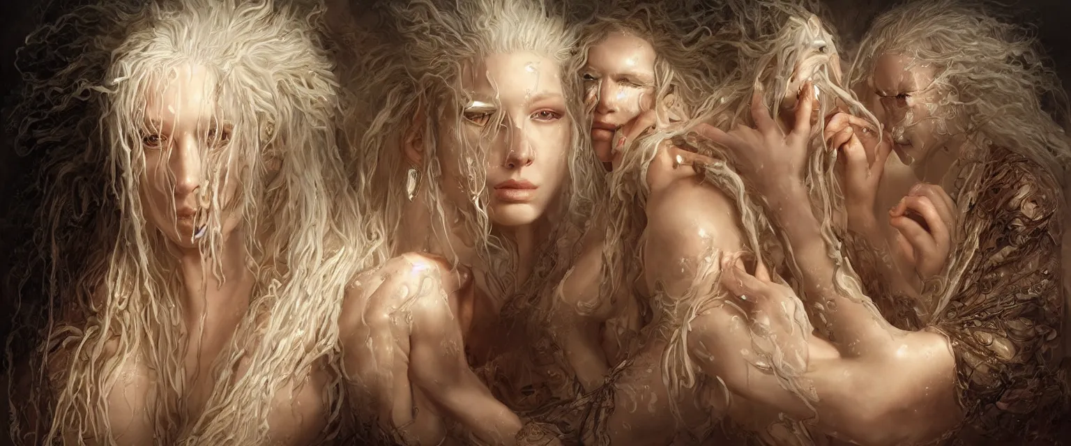 Image similar to a highly detailed symmetrical full body painting of a white skinned beautiful albino woman washing dreadlocks in dynamic lighting, ambient lighting, deviantart, art by artgerm and karol bak and mark brooks h