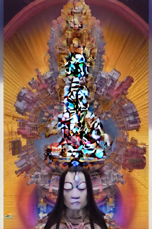 Prompt: a epic sakyamuni, the founder of buddhism in cyberpunk style temple, ghost, gorgeous and huge head ornaments, mecha, portrait of a big crystal face made of crystals, ominous, intricate, studio, art by anthony macbain + greg rutkowski + alphonse mucha, concept art, 4 k, sharp focus